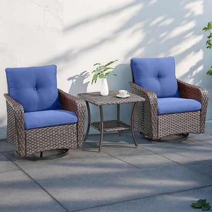 Rilyson Outdoor Patio Swivel Rocker Chairs - 3 PC Wicker Patio Bistro Sets with High Back,Comfy Cushions, Deep Seating and Side Table for Porch Deck Backyard Garden(Brown/Blue)