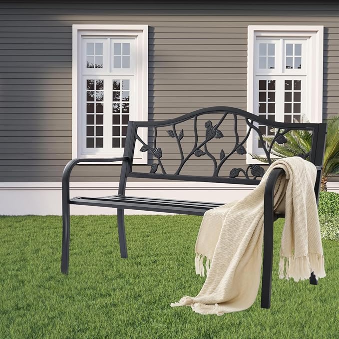 50" Outdoor Garden Bench, Cast Iron Metal Outdoor Benches Weatherproof with Artistic Strawberry Backrest - Photo 6