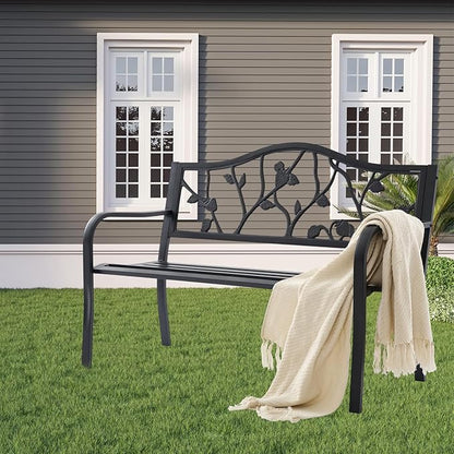 50" Outdoor Garden Bench, Cast Iron Metal Outdoor Benches Weatherproof with Artistic Strawberry Backrest, Black Patio Bench for Porch, Backyard, Lawn