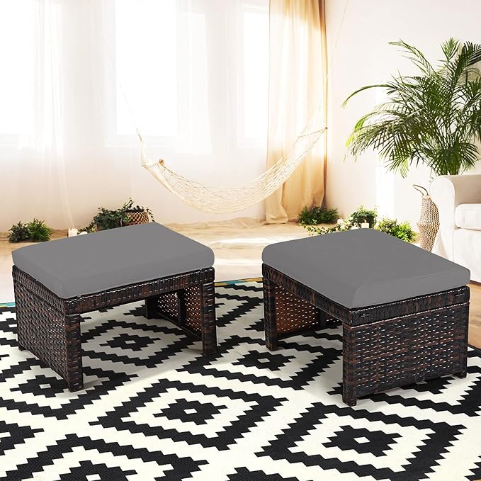 Tangkula 2 Pieces Patio Rattan Ottomans, All Weather Outdoor Footstool Footrest Seat with Soft Cushion, Hidden Zipper - Photo 4