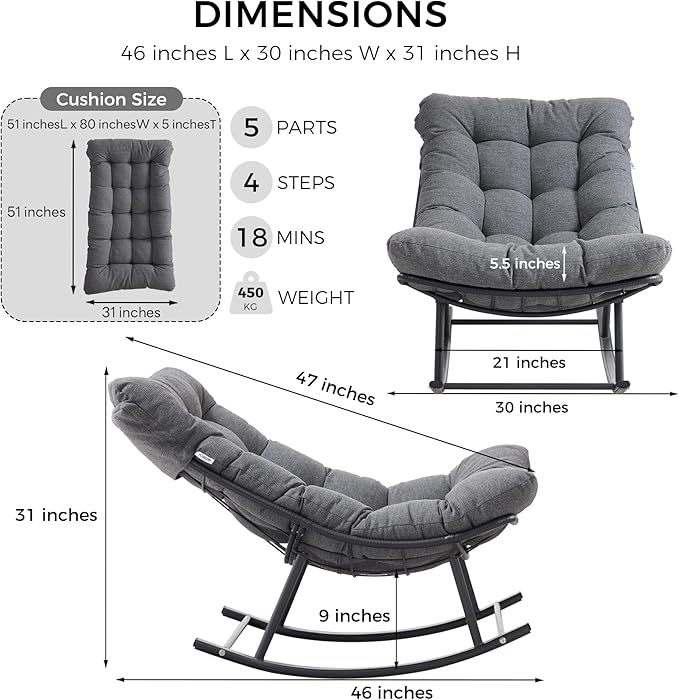 IRONCK Papasan Rocking Chair with Cushion, Patio Wicker Rocking Chair, Metal Frame Egg Rocker, 450lbs Capacity, Indoor Outdoor Lounge for Garden, Porch, Living Room, Balcony, Gray