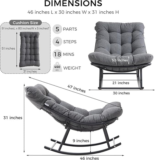 IRONCK Papasan Rocking Chair with Cushion, Patio Wicker Rocking Chair, Metal Frame Egg Rocker, 450lbs Capacity, Indoor Outdoor Lounge for Garden, Porch, Living Room, Balcony, Gray