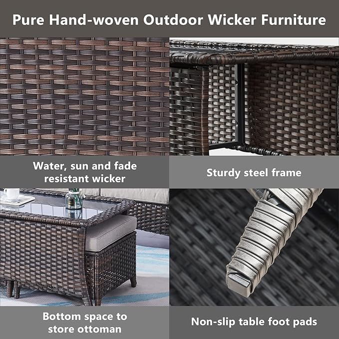 Belord Patio Coffee Table Outdoor Rectangular Glass Table, Handwoven Rattan Patio Furniture Brown Wicker Coffee Table Compatible with Patio Chairs and Sofa Sets for Backyard Sunroom Outside Lawn