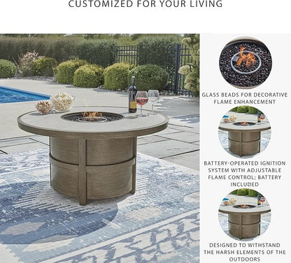 Signature Design by Ashley Rainier Ranch Contemporary Sintered Stone Tabletop Outdoor Fire Pit Table with Pedestal Base, Light Brown & Beige