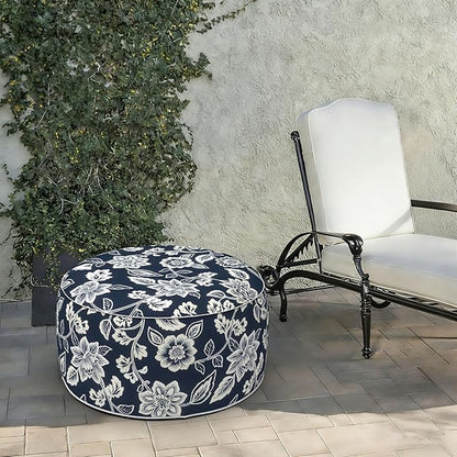 LVTXIII Indoor/Outdoor Extra Large Inflatable Ottoman Pouf D31 x H14 Inch, Round Footstool with Handle, Weather-Resistant Portable Furniture for Patio, Camping, Beach, Elegant Vines Navy