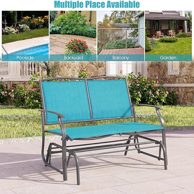 Giantex Outdoor Glider Bench, Patio Glider Bench for Outside, Steel Frame, 400 Lbs Capacity, Ergonomic Swing Rocking Chair Loveseat, 2-Person Porch Swing Rocker for Backyard, Lawn, Balcony, Turquoise