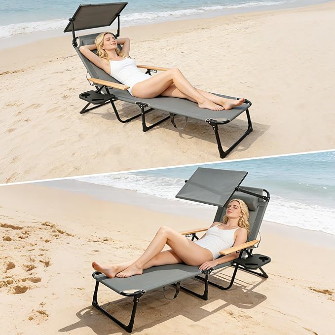 Outdoor Chaise Lounge Chair with 4-Position Adjustable Backrest,Patio Folding Sun Tanning Chair,Pillow & Cup Holder,Portable Recliner Sunbathing Lounger Chairs for Beach Garden (Grey with Shade)