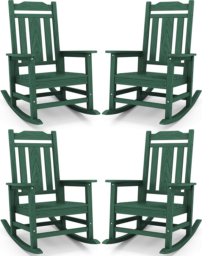 SERWALL HDPE Outdoor Rocking Chair Set of 4, Patio Rocking Chairs Set, Rocking Chair Outdoor for Adults, Green
