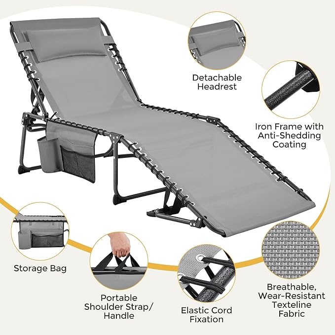 Yaheetech 26.4" Outdoor Folding Tanning Chair, Chaise Lounge Chairs with 5 Back Position Adjustable, Extended Portable Lounger for Beach, Patio, Gray