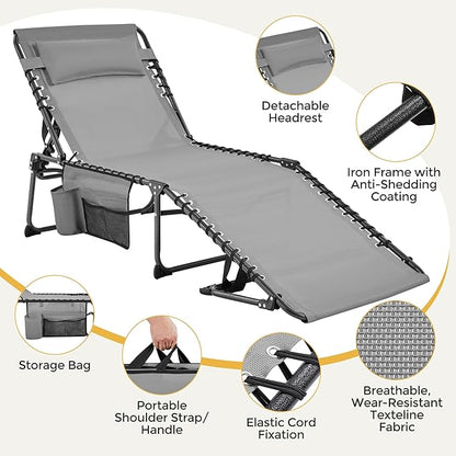 Yaheetech 26.4" Outdoor Folding Tanning Chair, Chaise Lounge Chairs with 5 Back Position Adjustable, Extended Portable Lounger for Beach, Patio, Gray
