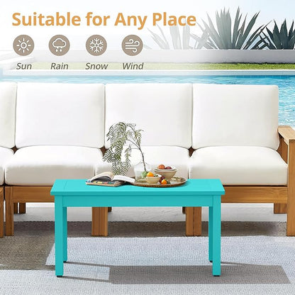 LUE BONA Outdoor Coffee Table Rectangle, HDPS Patio Coffee Tables for Outside, All Weather Patio Coffee Table with Slatted Tabletop for Deck, Garden, Balcony, Indoor or Outdoor Use, Aruba Blue