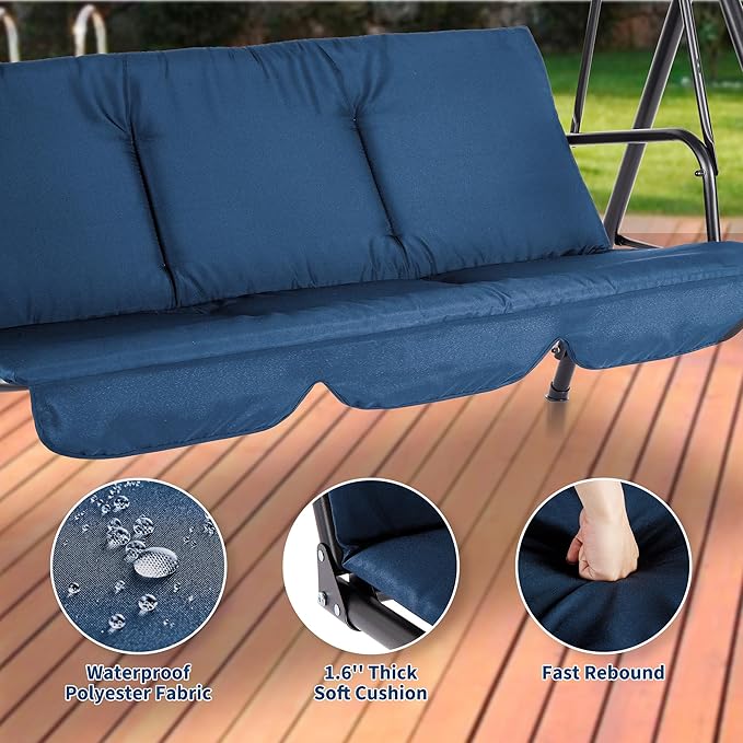 Porch Swing Chair with Adjustable Canopy for Adults 3-Seat Patio Glider Bench with Thick Cushions Steel Frame Outdoor Swing Chair for Backyard Lawn Garden Blue