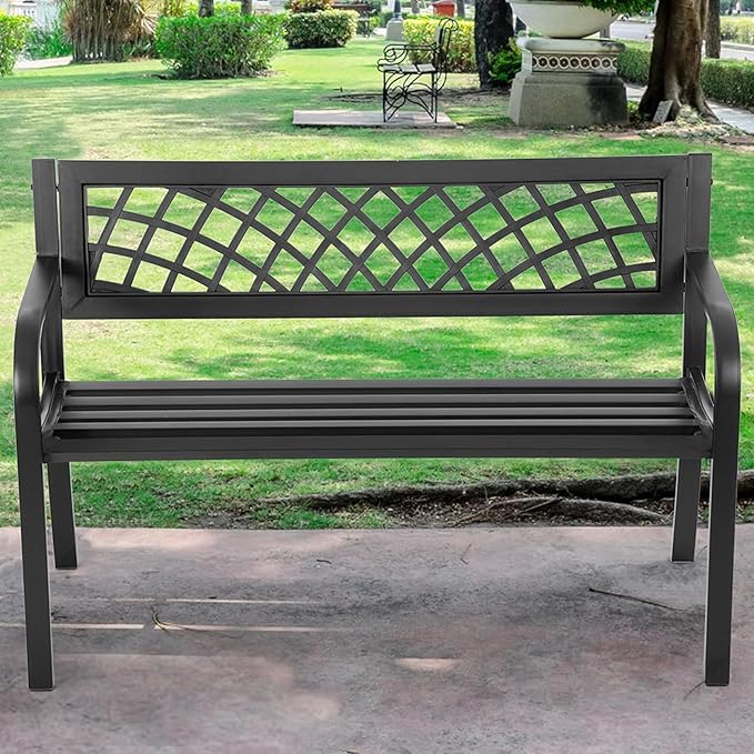 Outdoor Bench Metal Garden Bench - Park Outdoor Furniture Entryway Bench Steel Frame Porch Chair with Wide Backrest & Armrests - Ideal for Yard, Porch, and Entryway - Black