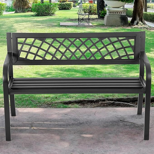 Outdoor Bench Metal Garden Bench - Park Outdoor Furniture Entryway Bench Steel Frame Porch Chair with Wide Backrest & Armrests - Ideal for Yard, Porch, and Entryway - Black