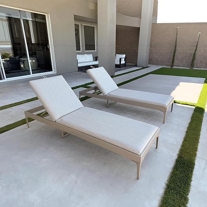 PURPLE LEAF Outdoor Chaise Lounge Set of 2 Aluminum Adjustable Patio Lounger Chairs with Cushions Reclining Beach Daybed for Poolside Balcony Deck Backyard, Champagne