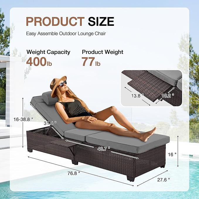 HOMREST PE Wicker Chaise Lounge Chairs Set of 2,Adjustable 5 Position Outside Rattanr Patio Pool Chair with Headrest,Cushion and Storage Rack for Poolside Backyard Porch,Grey