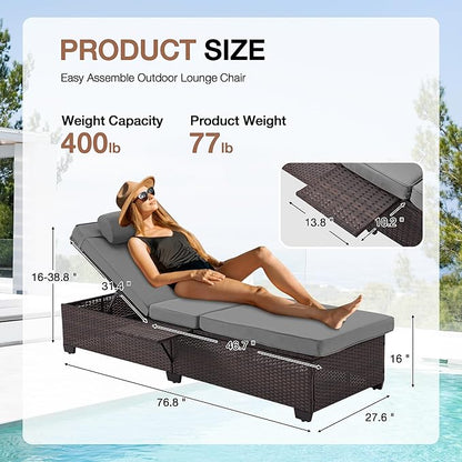 HOMREST PE Wicker Chaise Lounge Chairs Set of 2,Adjustable 5 Position Outside Rattanr Patio Pool Chair with Headrest,Cushion and Storage Rack for Poolside Backyard Porch,Grey