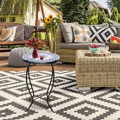 MUMTOP Side Patio Tables-Mosaic Outdoor Side Table - 14’’ Flower Glass Accent Round EndTable, Plant Stand Indoor Small CoffeeTable for Garden or Living Room Decor