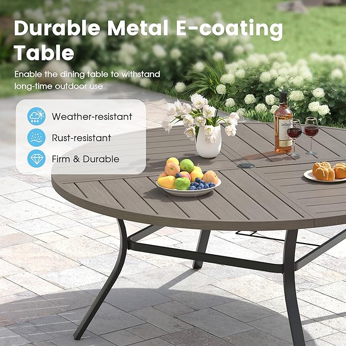 Patio Dining Table for 8-10, Round Metal Outdoor Table with Storage Shelf, 1.57" Umbrella Hole, 63" Outdoor Quartered Tabletop Dining Table for Backyard, Porch, Lawn, Grey