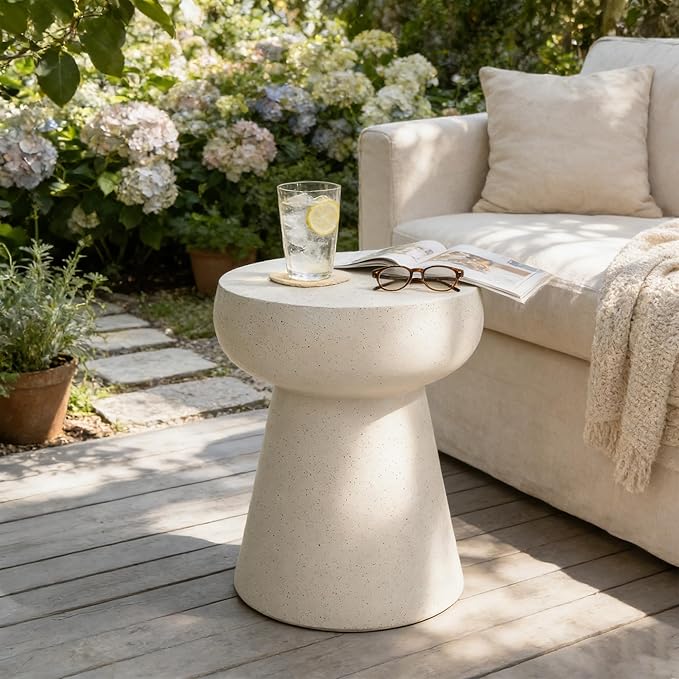 Outdoor Side Table Round Concrete End Table Faux Stone Side Tables Travertine Small Coffee Tables for Indoor Outdoor, Garden Stool Plant Stand for Porch, Backyard Patio, 14.56" Pedestal