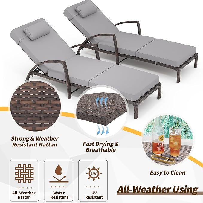 Garvee Chaise Lounge Outdoor Set of 2, PE Rattan Wicker Pool Lounge Chairs with 5-Level Adjustable Backrest - Photo 4