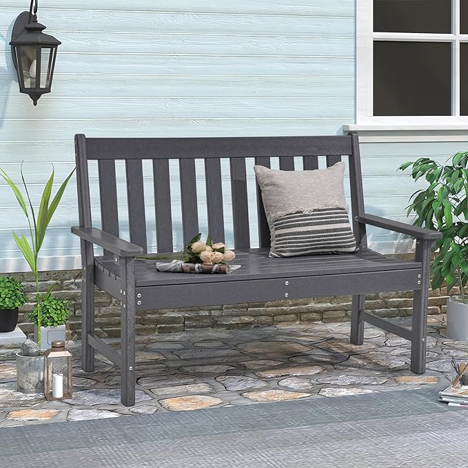 COBANA Outdoor Garden Bench, All Weather HDPE Patio Porch Bench with Faux Wood Grain Pattern, 2-Person Seat for Lawn, Park, Backyard, Entryway, Dark Gray