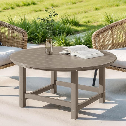 Costaelm Patio Conversation Table, Tatio Accent HDPE Outdoor Weather Resistant, Round Outdoor Porch Balcony Patio Drink Table for Outside, Pool, Backyard, Weathered Wood