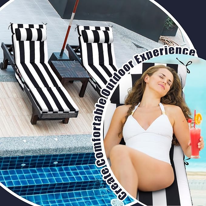 RattanView 2 Pcs Outdoor Chaise Lounge Cushion with Pillow and Side Pockets Waterproof Lounge Chair Cushions for Outdoor Furniture Patio Lounger Pad for Outside Pool Lawn (Black White,72 x 21 x 4)