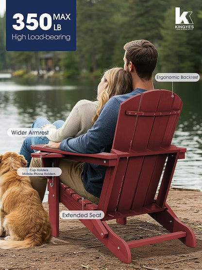 KINGYES Folding Adirondack Chair Set of 4, Dual Cup Holders & All-Weather HDPE, Wood-Like Patio Chair for Backyard, Camping, Pool & Fire Pit, Dark Red