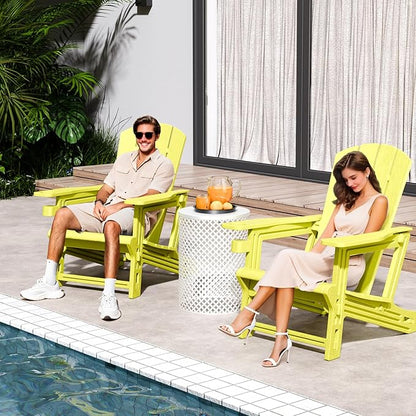 Adirondack Chair，Plastic Outdoor Chairs Without Screws Install，Patio Adirondack with Cup Holder，400 LBS Capacity Recliner Chair Garden Chair for Backyard Lawn Beach Yellow