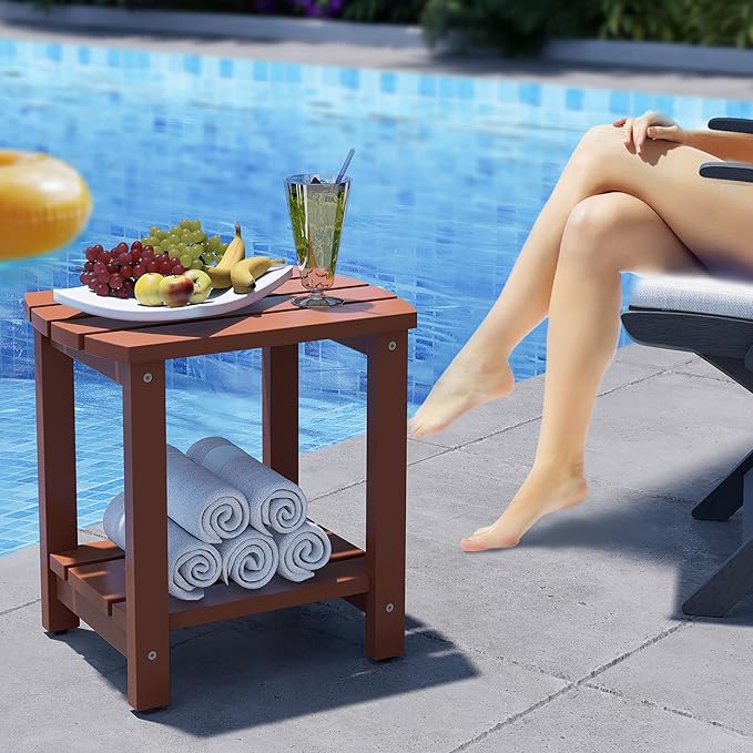 Adirondack Side Table, Double Outdoor Side Tables 18" Solid End Tables, Small Outdoor Coffee Table Pine Wood Weather Resistant for Patio, Backyard,Pool (18-Walnut, Set of 1)