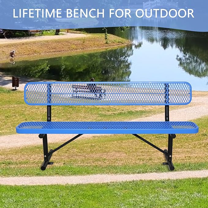 8 Ft Metal Park Bench for Outside, All-Weather Thermoplastic Coating Outdoor Bench with Backrest, Commercial Heavy Duty Benches for Shopping Malls, Stores, Parks, Patios, Decks, Blue