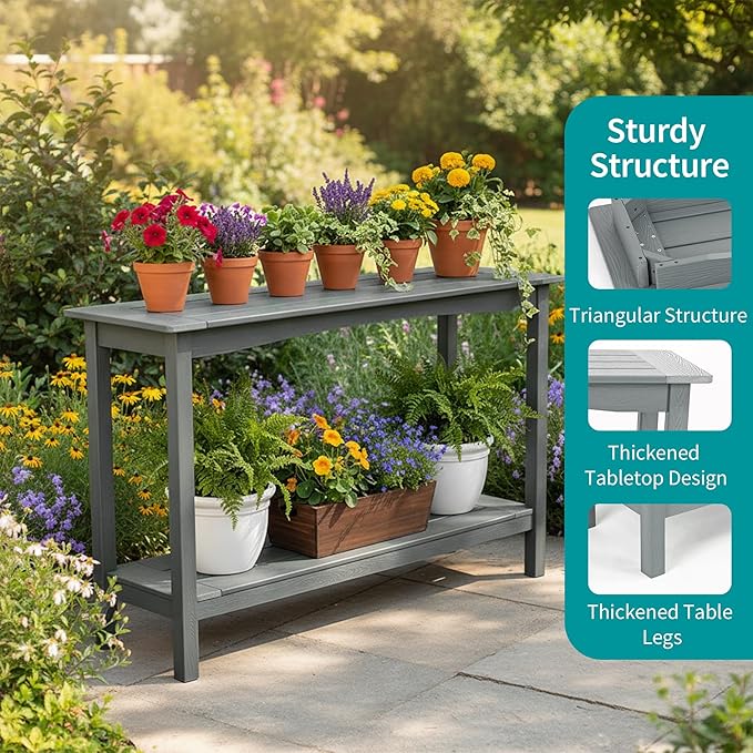 Outdoor Console Table, All-Weather 2-Tier Patio Console Table, Outside Plant Stand Table, Low Maintenance - Photo 5
