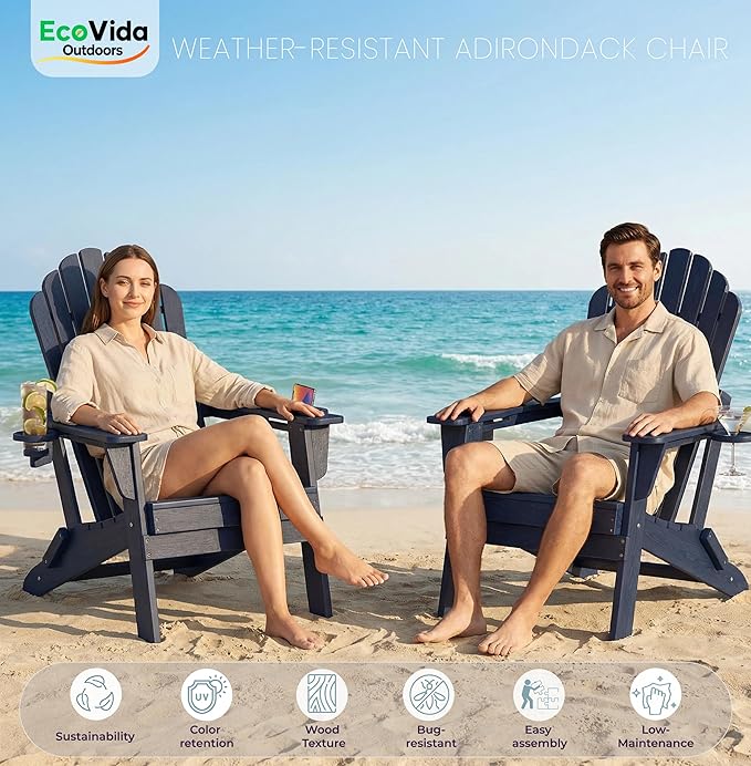 Oversized Adirondack Chair with Dual Cup Holders, Ergonomic High Back HDPE Fire Pit Chair, 380lbs Capacity All-Weather Outdoor Patio Lounge Chair for Garden, Deck, Yard - Navy Blue
