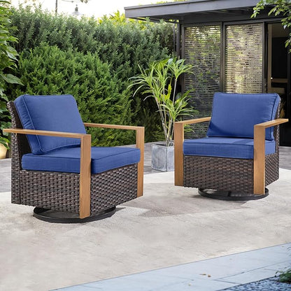 Rilyson Outdoor Swivel Patio Rocker Chairs - Wicker Rattan Patio Swivel Rocking Chairs Set of 2 with Metal Wide Armrest, Thick Cushions and Deep Seating for Deck Porch Sunroom Garden(Brown/Blue)