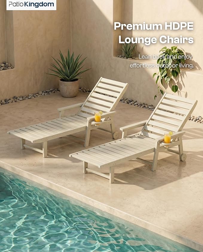 Adjustable Lounge Chair Outdoor Set of 4, HDPE Outdoor Chaise Lounge with Cup Holder & Wheels - Photo 5
