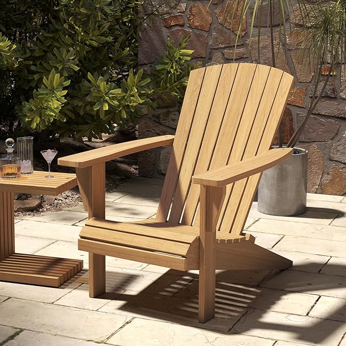 Outdoor Wooden Adirondack Chair, Teak Leisure Line Adirondack Chair All Weather Fire Pit Chair Suitable for Patio Lawn Gardens Terraces Poolside