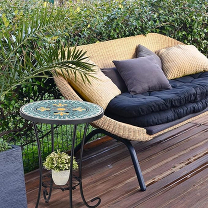 VCUTEKA Outdoor Side Table Mosaic Patio Table Accent Tables Mosaic Tile Top Metal Frame Small End Tables Porch Beach Patio Garden Balcony Green 14''