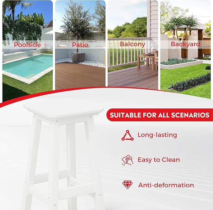 Costaelm 29" Height Outdoor Bar Stools, All-Weather Bar Stools, Adirondack Poly Patio Square Bar Stool for Patio, Deck, Kitchen Counter and Garden, White