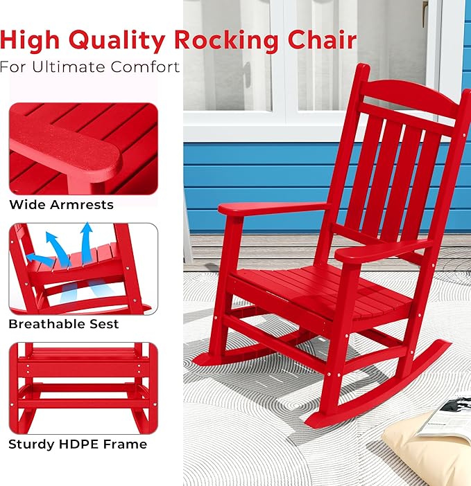 Costaelm Oversized Outdoor Rocking Chair, High Back Porch Rocker Chair, HDPE All Weather Resistant Outdoor Seating Furniture Wide Rocker Chair for Patio, Lawn, Garden, Red