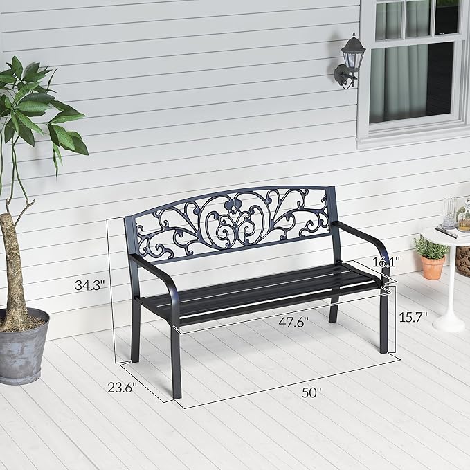 Outsunny 50" Outdoor Bench, Metal Garden Bench with Floral Pattern Backrest, Porch Bench with Slatted Seat for Park, Yard, Lawn, Black