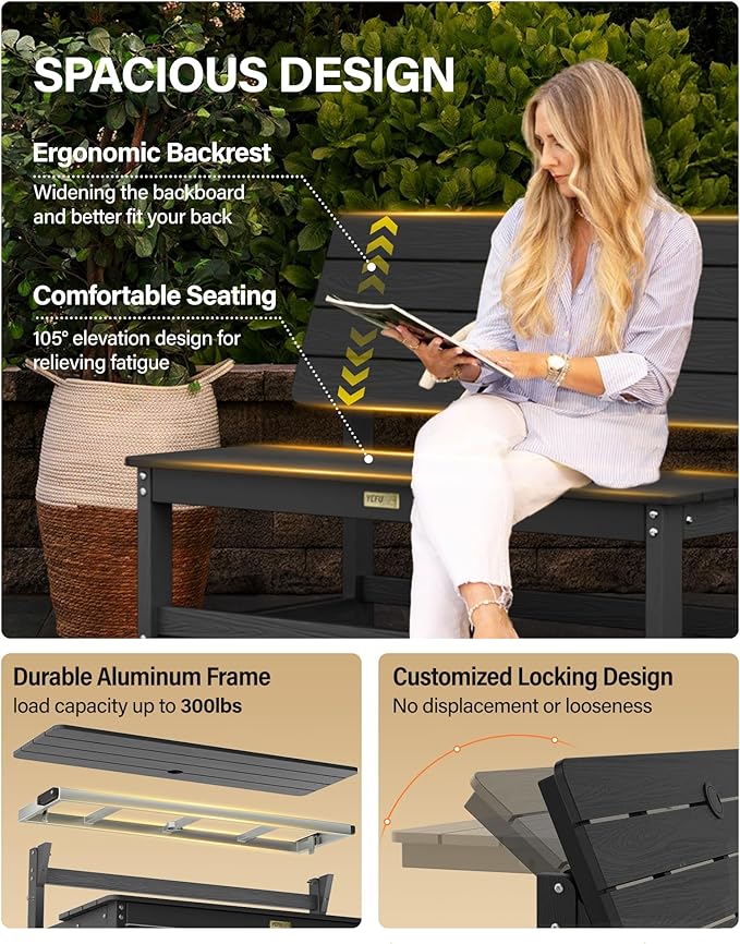 YEFU Convertible Bench Picnic Table: HIPS Convert a Bench with Umbrella Hole - Foldable Space-Saving Picnic Outdoor Benches for Outside Patio Porch Backyard Park Garden Black