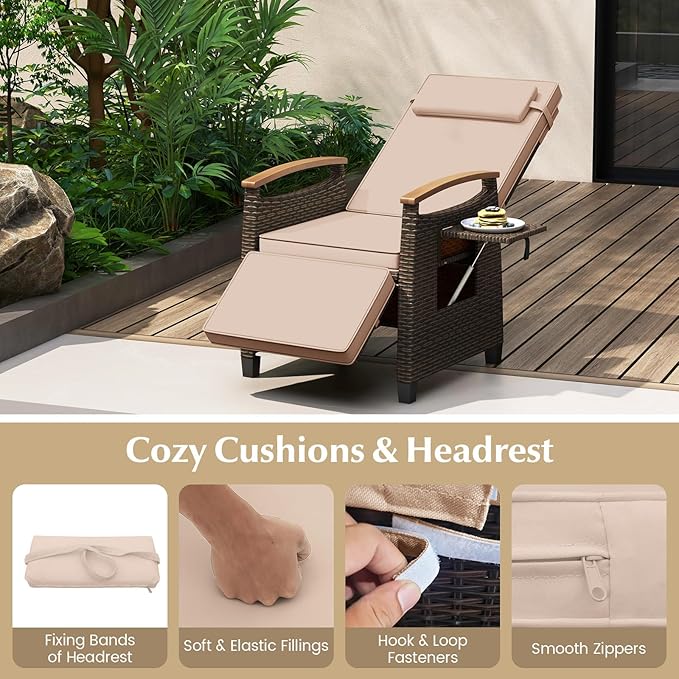 Tangkula Patio Wicker Recliner Chair, Rattan Lounge Chair w/Adjustable Backrest & Footrest, Flip Side Table, Push Back Reclining Seat w/Cushion for Backyard, Porch, Lawn (2, Beige)