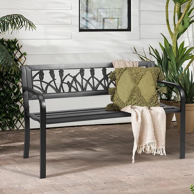 49in Patio Park Benches,PVC Tulip Backrest Iron Bench,Outdoor Garden Leisure Benches,Weatherproof Metal Park Bench,with Back and Armrests,for Outside Lawn Deck Patio Backyard Entryway (Black)