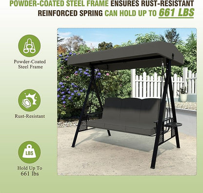 MUPATER Patio Porch Swing Chair, 3-Seat Outdoor Canopy Swing Glider with Stand and Cushion,Patio 2-in-1 Swing Chair for Outside, Backyard and Deck, Grey