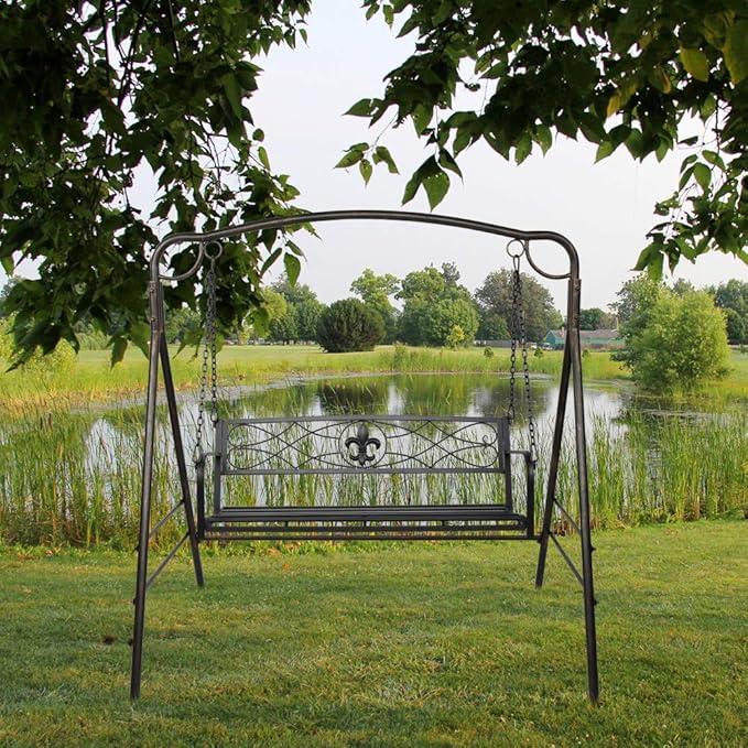 Porch Swing Hanging Bench Metal Porch Swing Outdoor Patio Furniture Iron Swing Chair Heavy Duty Steel Black Porch Swing Hanging Chair Porch Swings for Garden, Yard, Deck, Backyard(Not Included Stand)