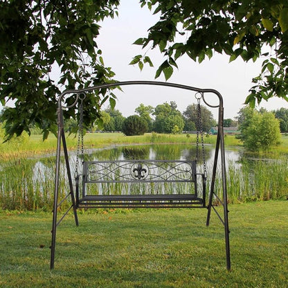 Porch Swing Hanging Bench Metal Porch Swing Outdoor Patio Furniture Iron Swing Chair Heavy Duty Steel Black Porch Swing Hanging Chair Porch Swings for Garden, Yard, Deck, Backyard(Not Included Stand)