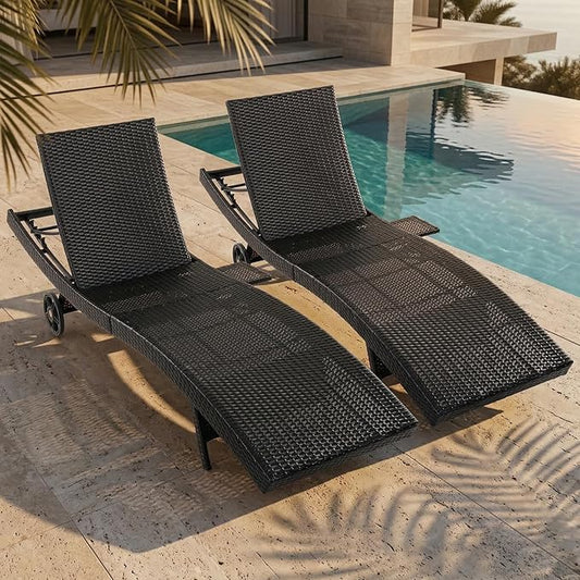 Outdoor Wicker Patio Chaise Lounge Chair with Wheels Set of 2, Black&Brown Rattan Pool Furniture Lounger for Outside Poolside Lounges, Jumbo Co Chaise Lounge Chairs, Wicker Patio Pool Furniture