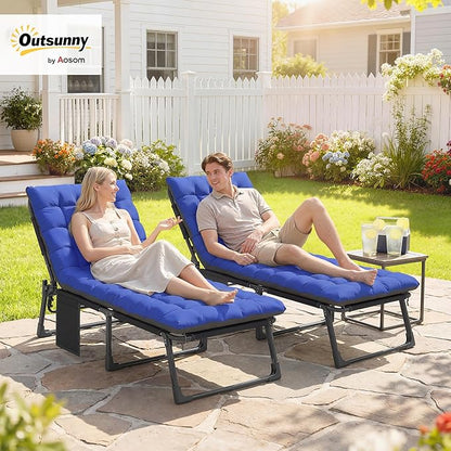 Outsunny Chaise Lounge Chair Outdoor Set of 2, 5-Position Reclining Pool Lounge Chairs with Cushions, Side Pocket, Headrest, Folding Lounger Tanning Chair Camping Cot for Patio, Beach, Dark Gray/Blue