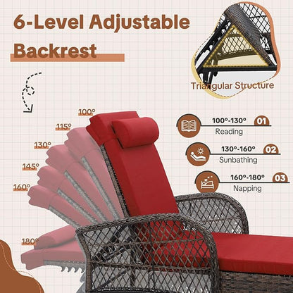 HOMEDIARY 2-Piece Outdoor Wicker Lounge Chairs with Cushion, Rattan Patio Chaise Loungers with 6-Level Backrest, All Weather Lay Flat Pool Sunbathing Recliner Chair, Armrest and Head Pillow, Red